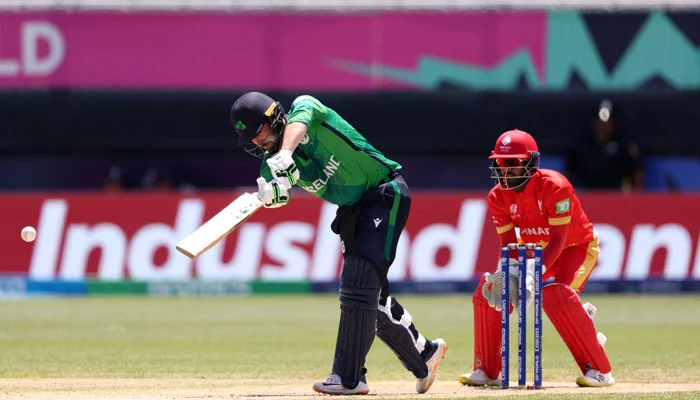 Andrew Balbirnie of Ireland hits out during the ICC Men's T20 Cricket World Cup West Indies & USA 2024 match between Canada and Ireland